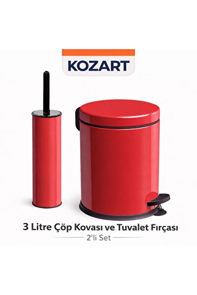 KOZART Pembe 3 Litre Çöp Kovası Ve Wc Fırça 2'li Set Banyo Seti