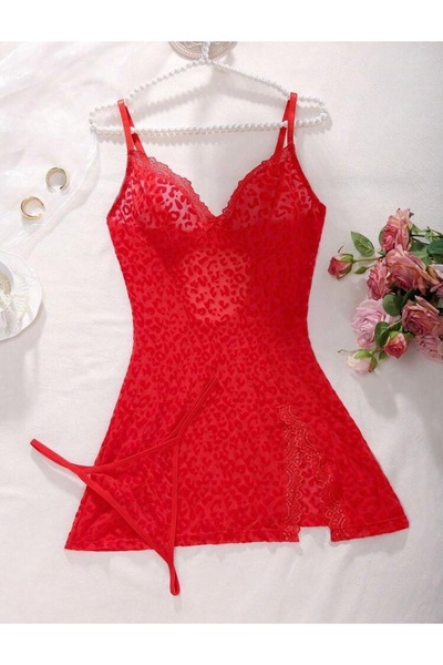 Oprah Kadın Floklu Leopar Desen Gecelik Tanga Takım