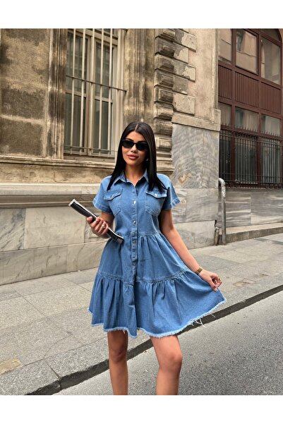 LOKADI Women's Blue Layered Skirted Mini Denim Dress - Short Sleeve Shirt Col...