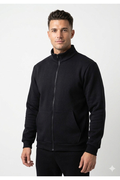 FMS COLLECTİON Unisex 3 iplik içi polarlı kanguru cepli yakalı sweatshirt ceket