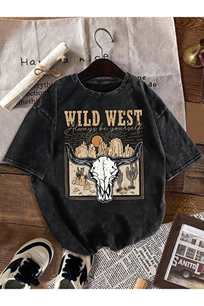 ship master Men's Wild West Skull Printed Black T-Shirt 100% Cotton Vintage S...
