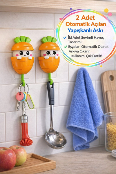 TOYFEST 2’li Havuç Askı Otomatik Açılan Yapışkanlı Duvar Askısı Anahtar Havlu...