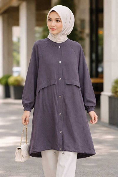 Puane غطاء نسائي متوسط ​​الطول مزين بأزرار من قماش الكبلا 15259