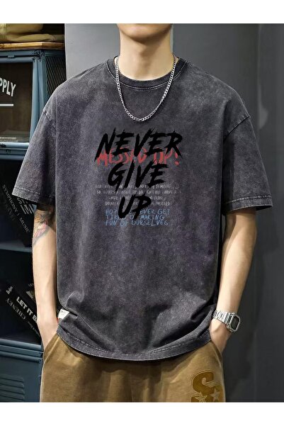 ship master Never Give up Printed Black T-Shirt 100% Cotton Vintage Streetwea...