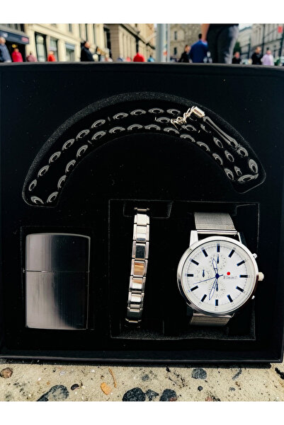 Elnino Erkek Hasır Metal Kordon Saat Bileklik Çakmak Tesbih Seti Şık Kombin