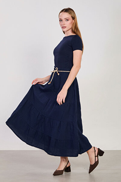 BARRELS AND OIL Γυναικεία μακριά βαμβακερή φούστα με ζώνη και πιέτες - Μπλε ν...