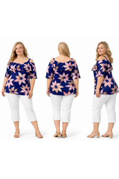 BİrHoşButik Plus Size Full Lycra Front Ruffle Trendy Shoulder Straps Summer V...