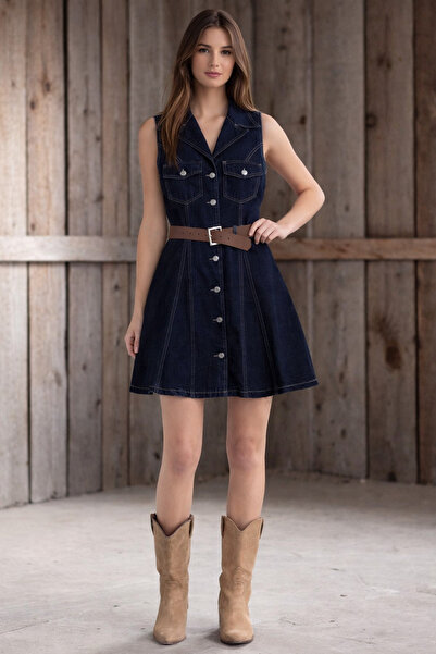 SOLİS MODA Women's Denim Sleeveless Dress with Belt