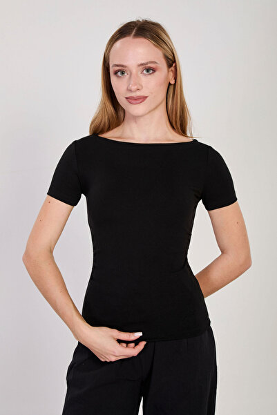 BARRELS AND OIL Women's Boat Neck Gathered Short Sleeve Bodysuit - Black