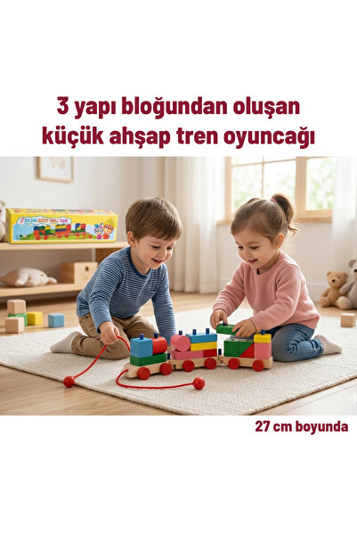 direkstoktan 3 Vagonlu Sök Tak Bloklu Ahşap Tren Çocuk Oyuncak / 3 Building B...