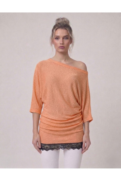 Neden Tekstil Lace Detailed Asymmetrical Black One-Shoulder Blouse