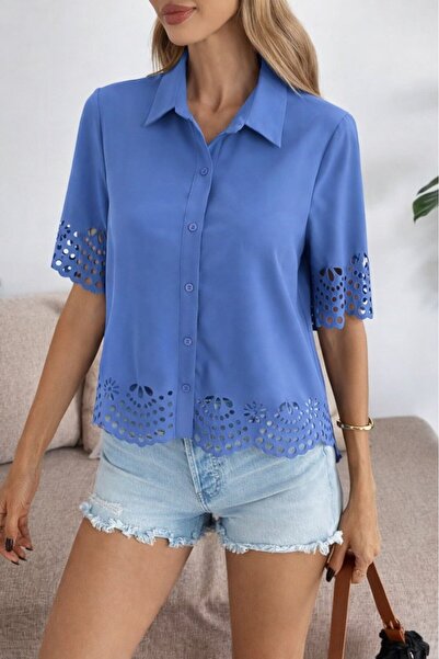 Giyimodam Women's Short Sleeve Collared Front Buttoned Dubai Shirt Blouse