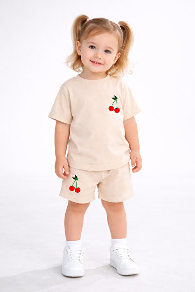 bebekpare Σετ κοριτσίστικο σορτς και μπλουζάκι σε μπεζ βαμβακερό χρώμα με στά...