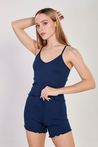 BARRELS AND OIL Women's Slim Ribbed Double Shorts Set - Navy Blue