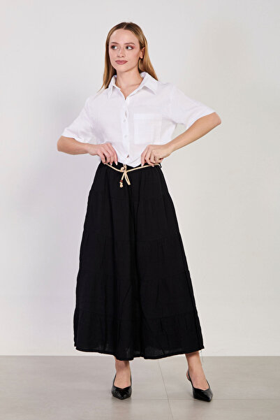 BARRELS AND OIL Women's Belted Pleated Long Cotton Skirt - Black