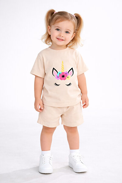 bebekpare Σετ κοριτσίστικο σορτς και μπλουζάκι, μπεζ, βαμβακερό με στάμπα