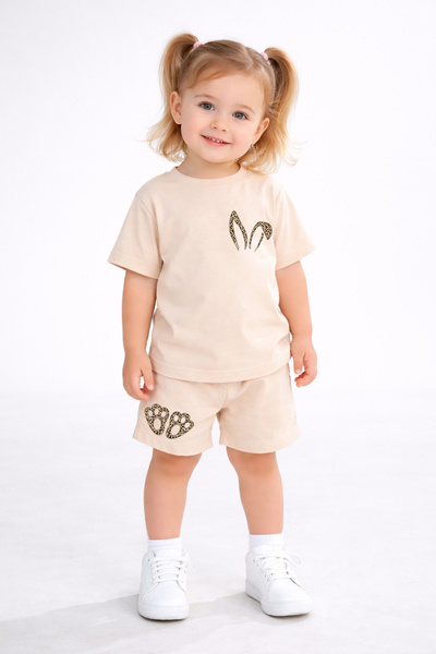 bebekpare Σετ κοριτσίστικο σορτς και μπλουζάκι, μπεζ βαμβακερό με λεοπάρ στάμπα