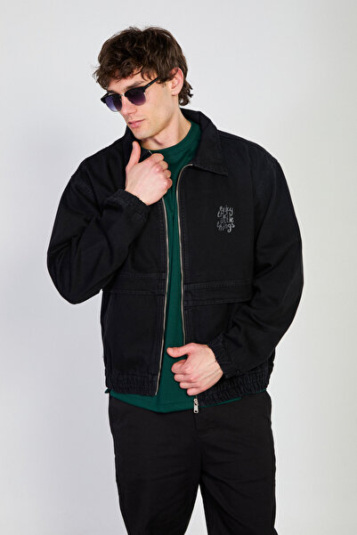 BARRELS AND OIL Men's elastic waist zipper polo collar jacket - black