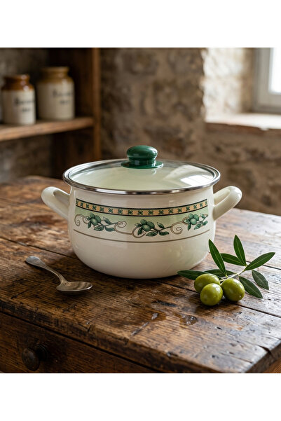 Avşar Emaye Evi̇m 22 cm 3.75 Liter Olive Pattern Enamel Pot Milk Yogurt Pot