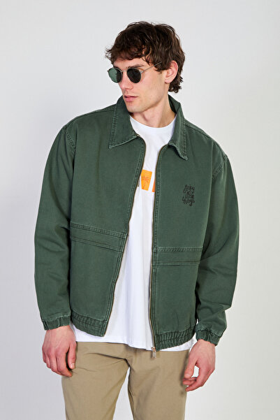 BARRELS AND OIL Men's Elastic Waist Zipper Polo Collar Jacket - Khaki