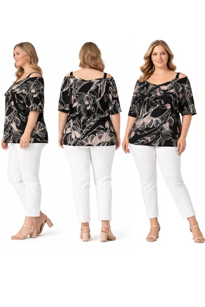 BİrHoşButik Plus Size Full Lycra Front Ruffle Trendy Shoulder Straps Summer V...