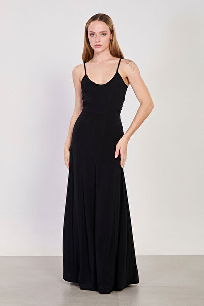 BARRELS AND OIL Γυναικείο μακρύ φόρεμα με κορδόνια και ιμάντες - Μαύρο