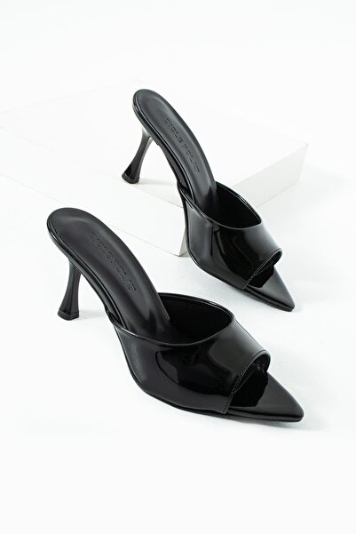 diclepolat Γυναικείες μαύρες δερμάτινες παντόφλες με μυτερή μύτη και λεπτό τα...