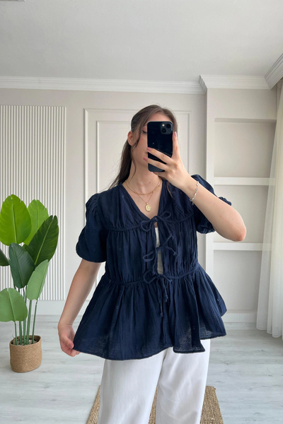 Lusin Women's Navy Blue Oversized Muslin Blouse with Tie Detail