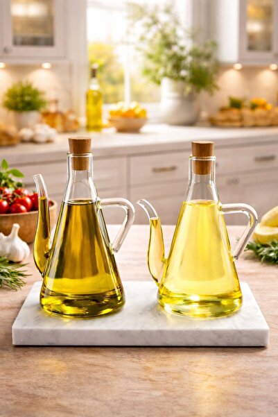 ENYAZA(2024) 2'li 500ml Mermer Standlı Mantar Kapaklı Yağdanlık Borosilikat C...