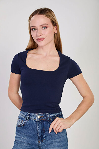 BARRELS AND OIL Women's Square Neck Basic Bodysuit - Navy Blue