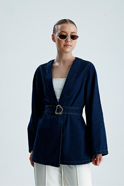 de zuzuu fashion Women's Navy Blue Denim Jacket with Belt Modern Design