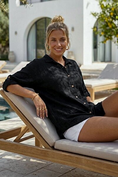 Chiccy Black Shirt Collar Buttoned Long Sleeve Buttoned Casual Muslin Woven S...