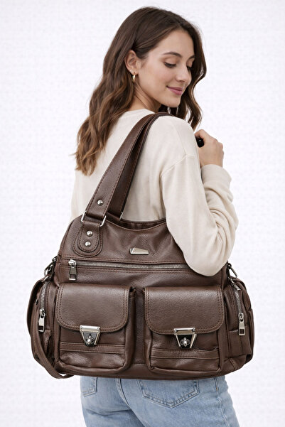 samilon Geantă de umăr și de mână din piele spălată pentru femei, cu multiple...