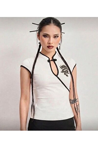 TheWeekend Mandarin Yaka Ejderha Motifli Vintage Qipao Kısa Kollu Ekru Crop-T...
