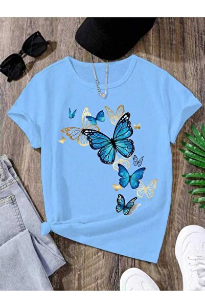 VESTIR BIEN Butterfly Printed Baby Blue Cotton Kids T-Shirt