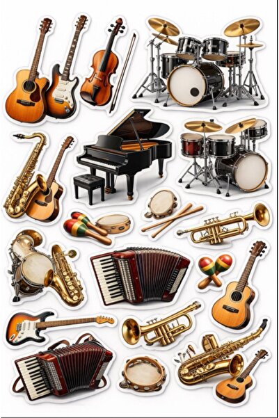 YEAP OFFICE Müzik Enstrüman Sticker Seti – 3D Realistik Etiketler | Ajanda, L...