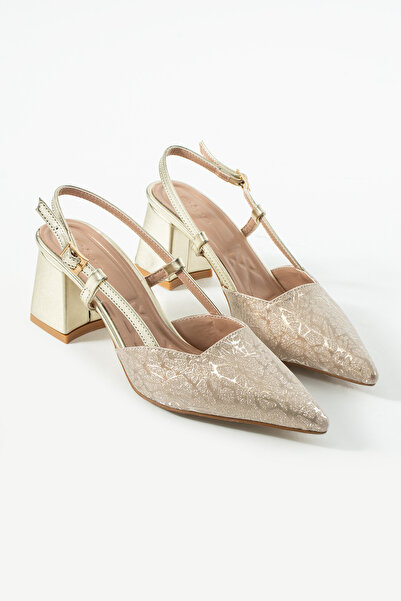 Sira Official Aurelia Gold Patterned Open Back Evening Dress Heeled Shoes