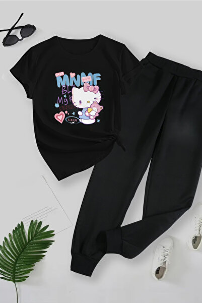 MİDAD تيشيرت مطبوع من KITTY - تيشيرت رياضي بياقة دائرية من الأعلى والأسفل