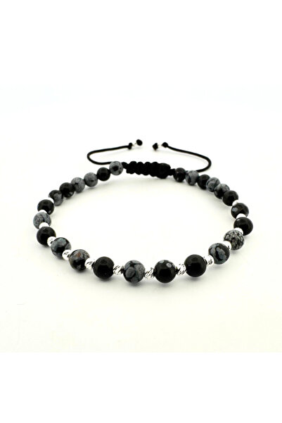 Teo Bijoux Brățară din argint 925 cu 16 mărgele și pietre de obsidian fulg de...