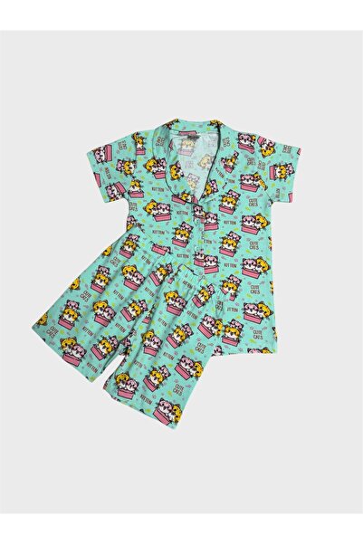 elmas kids Κοριτσίστικο σετ πιτζάμες από 100% βαμβάκι με πράσινο σχέδιο γάτας...