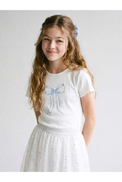 LC Waikiki Ecru Bowknot Printed Stoned Girls' Ribbed T-Shirt 23 April Childre...