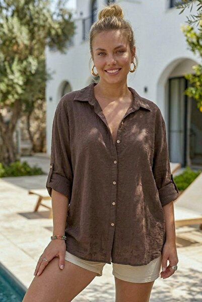 Chiccy Cămașă maro cu guler, cu nasturi, cu mânecă lungă, cu nasturi, casual,...