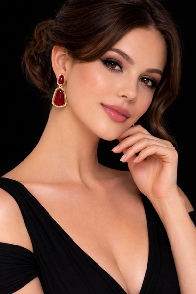 King Bee Gold Çerçeveli Bordo Damla Taşlı Sallantılı Küpe | Art Deco Vintage ...