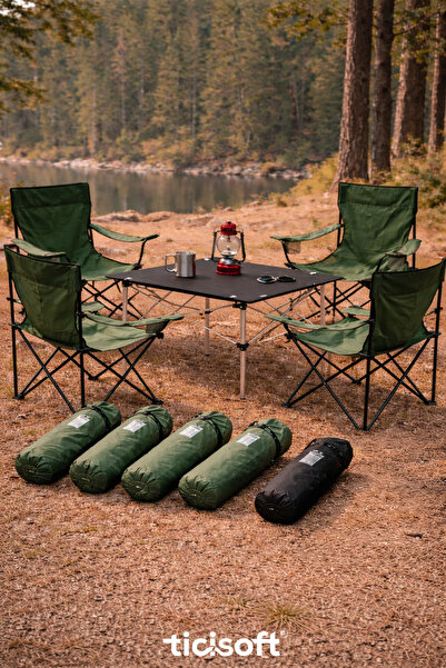 Ticisoft Dayanıklı Taşıma Çantalı Bardaklıklı 4 adet Kamp Sandalyesi 1 adet K...
