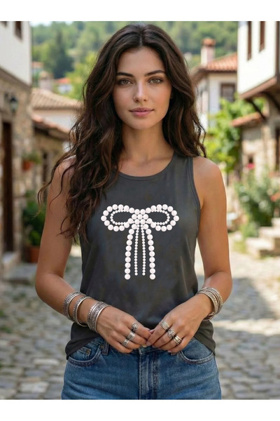 SUNFREE Pearl Ribbon Printed Regular Sleeveless Crew Neck Women's Combed Cott...