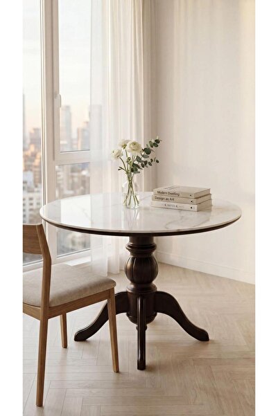 silla Concept Porselen Yuvarlak Üst Tablalı Baba Ayaklı Koyu Ceviz Ahşap Masa...