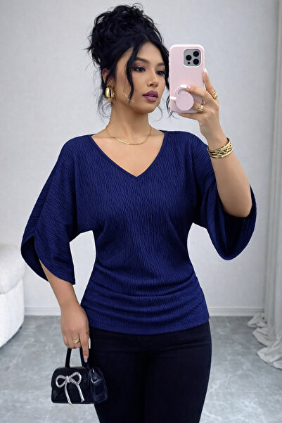 poswicon Dark Blue V-Neck Short Sleeves Side Ruched Top Buluz