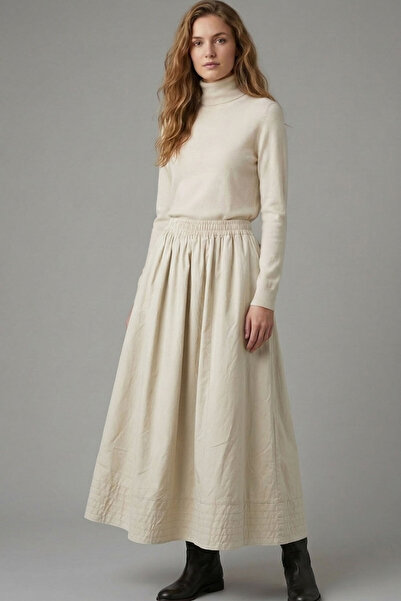 Şiir Balze Elastic Waist Skirt with Side Pockets, Stitched Detail, Long Skirt...