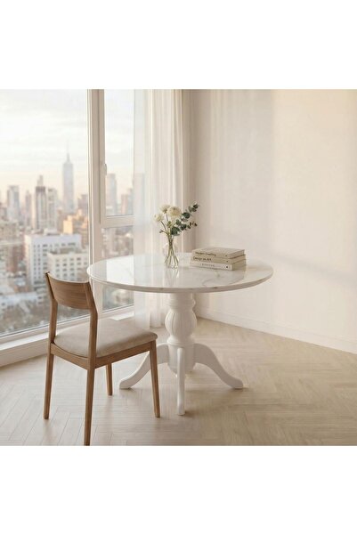 silla Concept Porselen Yuvarlak Üst Tablalı Baba Ayaklı Beyaz Ahşap Masa (100...