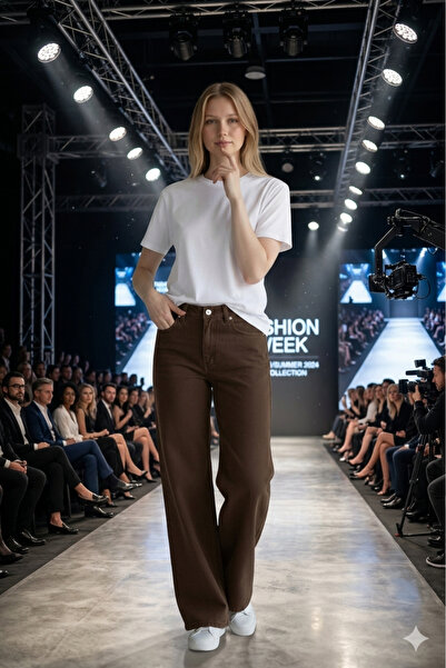 mooishan Aranka Brown Lycra Wide Leg Jeans High Waist Loose Women's Palazzo J...